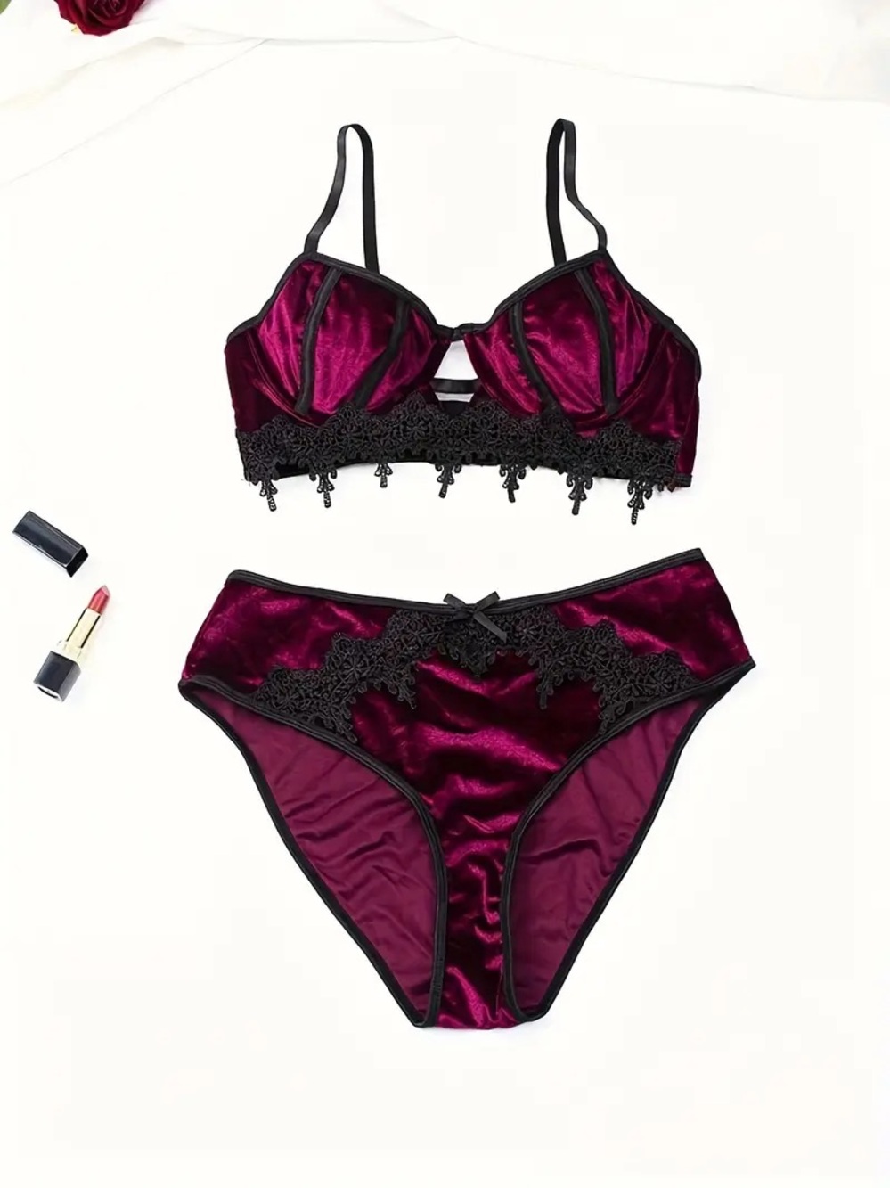 Amazon Velvet Lace Bralette & Brief Set - Burgundy and Black